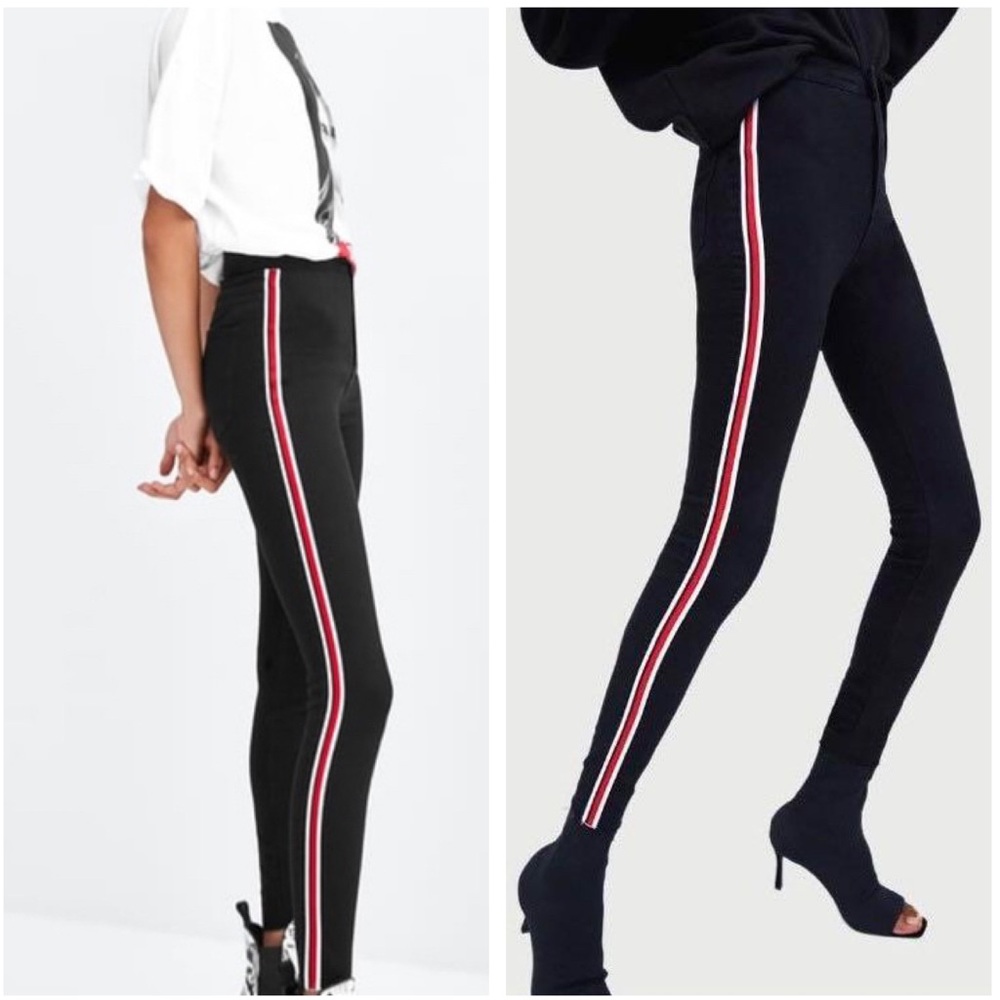Zara Black Jeggings Ripped Skinny Jeans with Red Side Stripe US 4